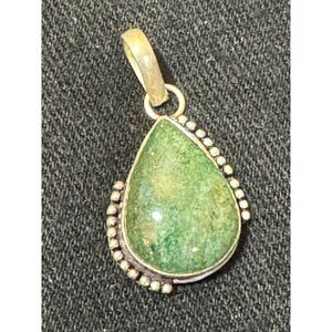 Vintage Teardrop Green Stone Pendant With Intricate Silver Accents